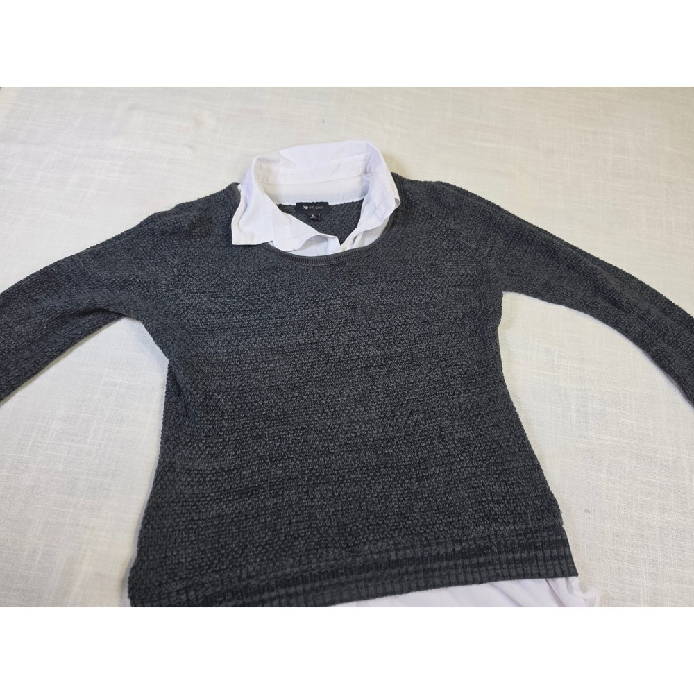 AB Studio Womens XL Gray Layered Look Sweater White Collared Shirt 2-in-1 Top